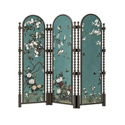 LUXORA Walnut Wood Folding Room Divider with Arched Floral Fabric for Living Room Bedroom - Walnut & Teal