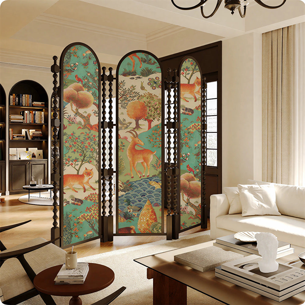 LUXORA 3 Panel Golden Walnut Wood Folding Room Divider with Arched Woodland Animal Print for Living Room Bedroom - Walnut & Multicolour