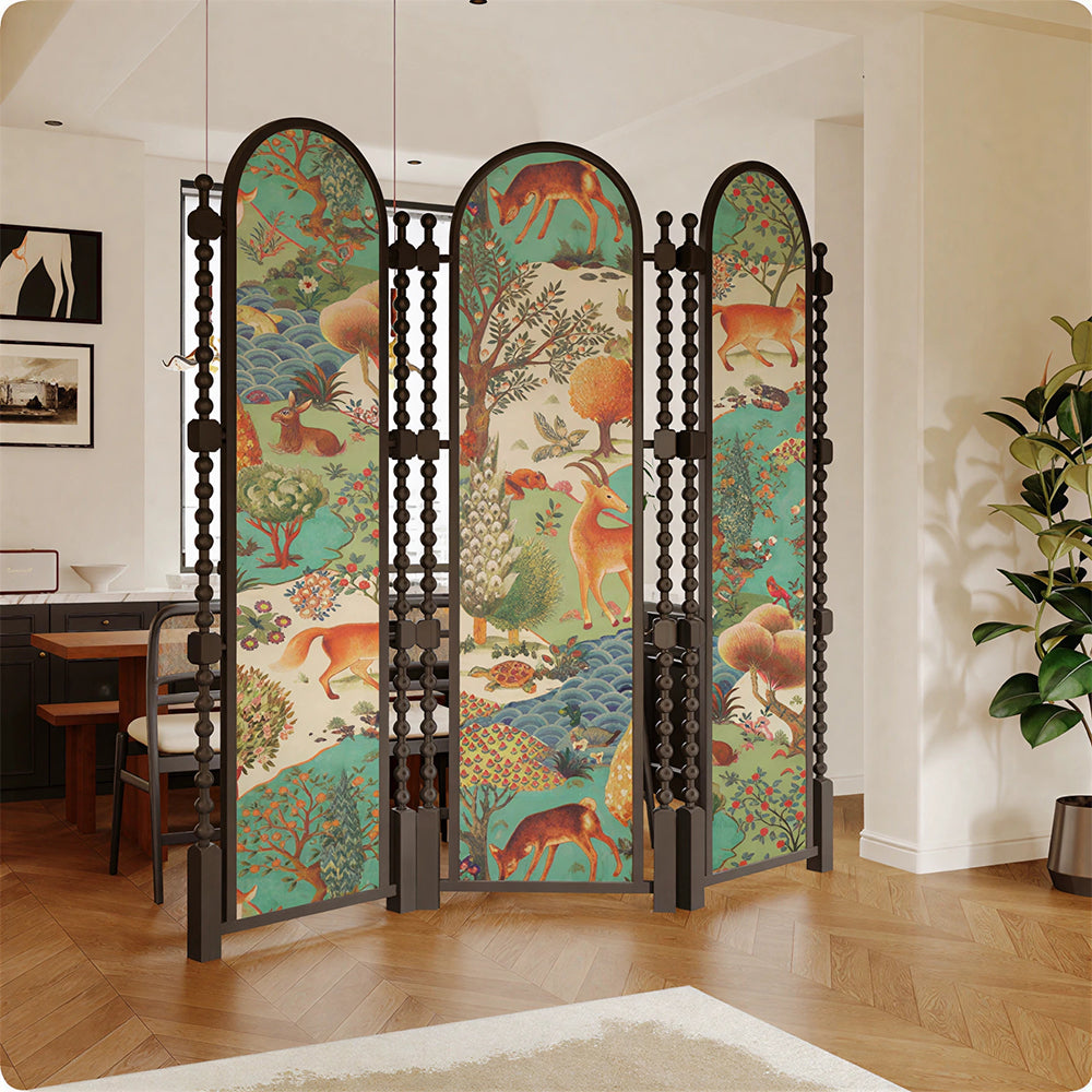 LUXORA 3 Panel Golden Walnut Wood Folding Room Divider with Arched Woodland Animal Print for Living Room Bedroom - Walnut & Multicolour