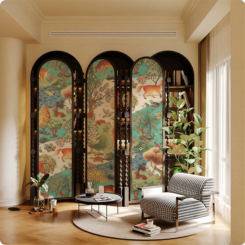 LUXORA 3 Panel Golden Walnut Wood Folding Room Divider with Arched Woodland Animal Print for Living Room Bedroom - Walnut & Multicolour