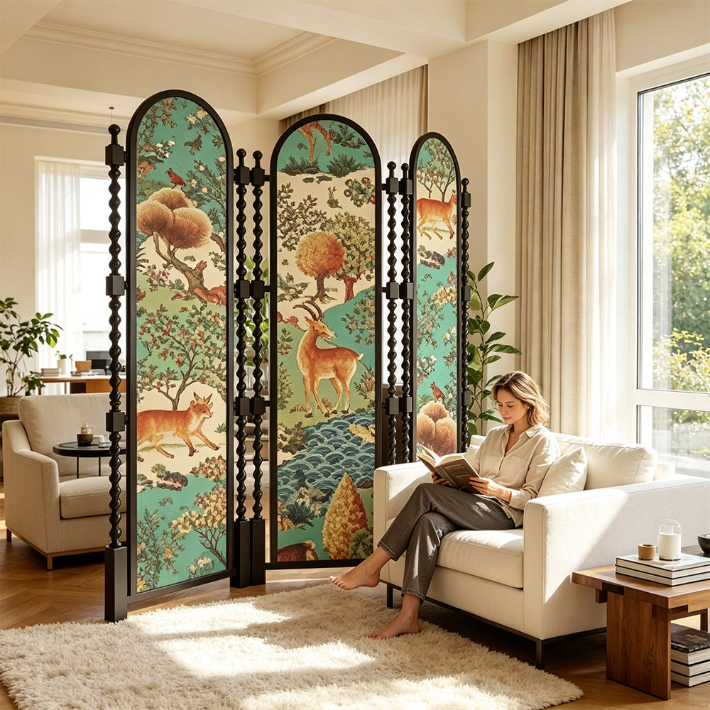 LUXORA 3 Panel Golden Walnut Wood Folding Room Divider with Arched Woodland Animal Print for Living Room Bedroom - Walnut & Multicolour