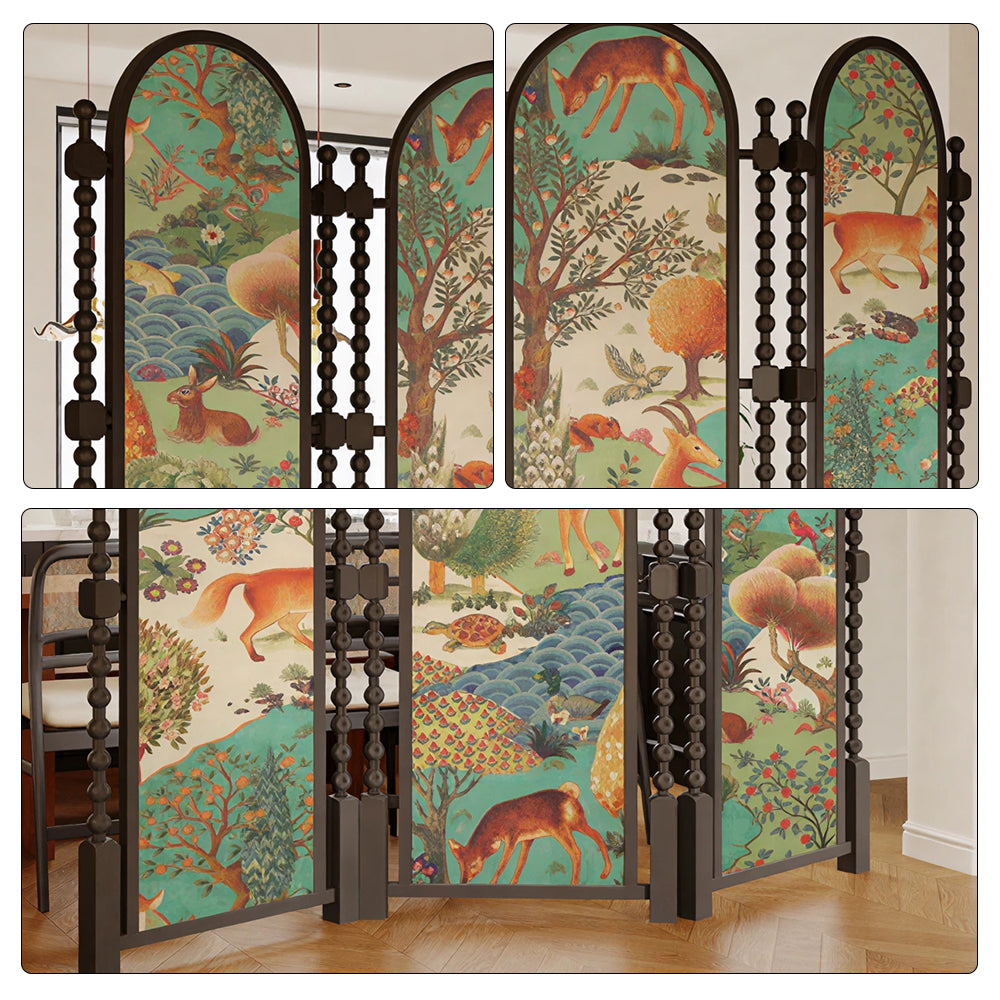LUXORA 3 Panel Golden Walnut Wood Folding Room Divider with Arched Woodland Animal Print for Living Room Bedroom - Walnut & Multicolour