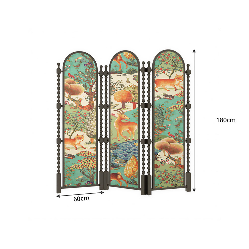 LUXORA 3 Panel Golden Walnut Wood Folding Room Divider with Arched Woodland Animal Print for Living Room Bedroom - Walnut & Multicolour