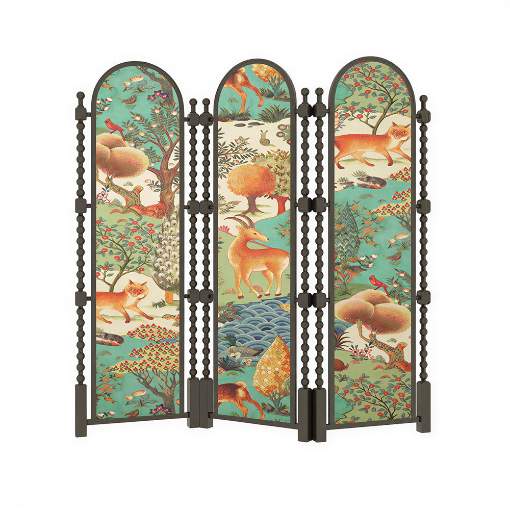 LUXORA 3 Panel Golden Walnut Wood Folding Room Divider with Arched Woodland Animal Print for Living Room Bedroom - Walnut & Multicolour