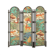 LUXORA 3 Panel Golden Walnut Wood Folding Room Divider with Arched Woodland Animal Print for Living Room Bedroom - Walnut & Multicolour