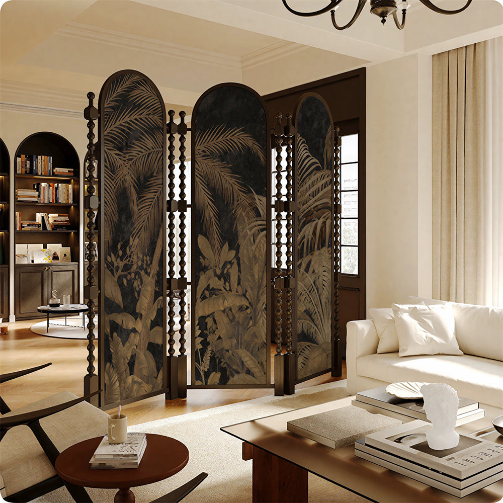 LUXORA 3 Panel Golden Walnut Wood Folding Room Divider with Arched Tropical Botanical Print for Living Room Bedroom - Walnut & Black