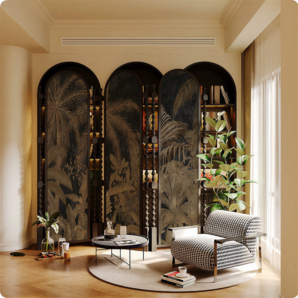LUXORA 3 Panel Golden Walnut Wood Folding Room Divider with Arched Tropical Botanical Print for Living Room Bedroom - Walnut & Black