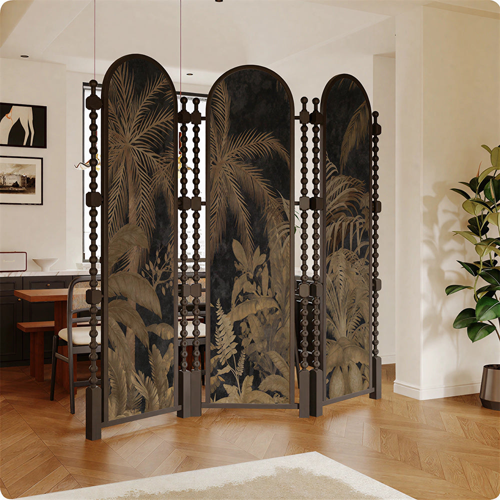 LUXORA 3 Panel Golden Walnut Wood Folding Room Divider with Arched Tropical Botanical Print for Living Room Bedroom - Walnut & Black