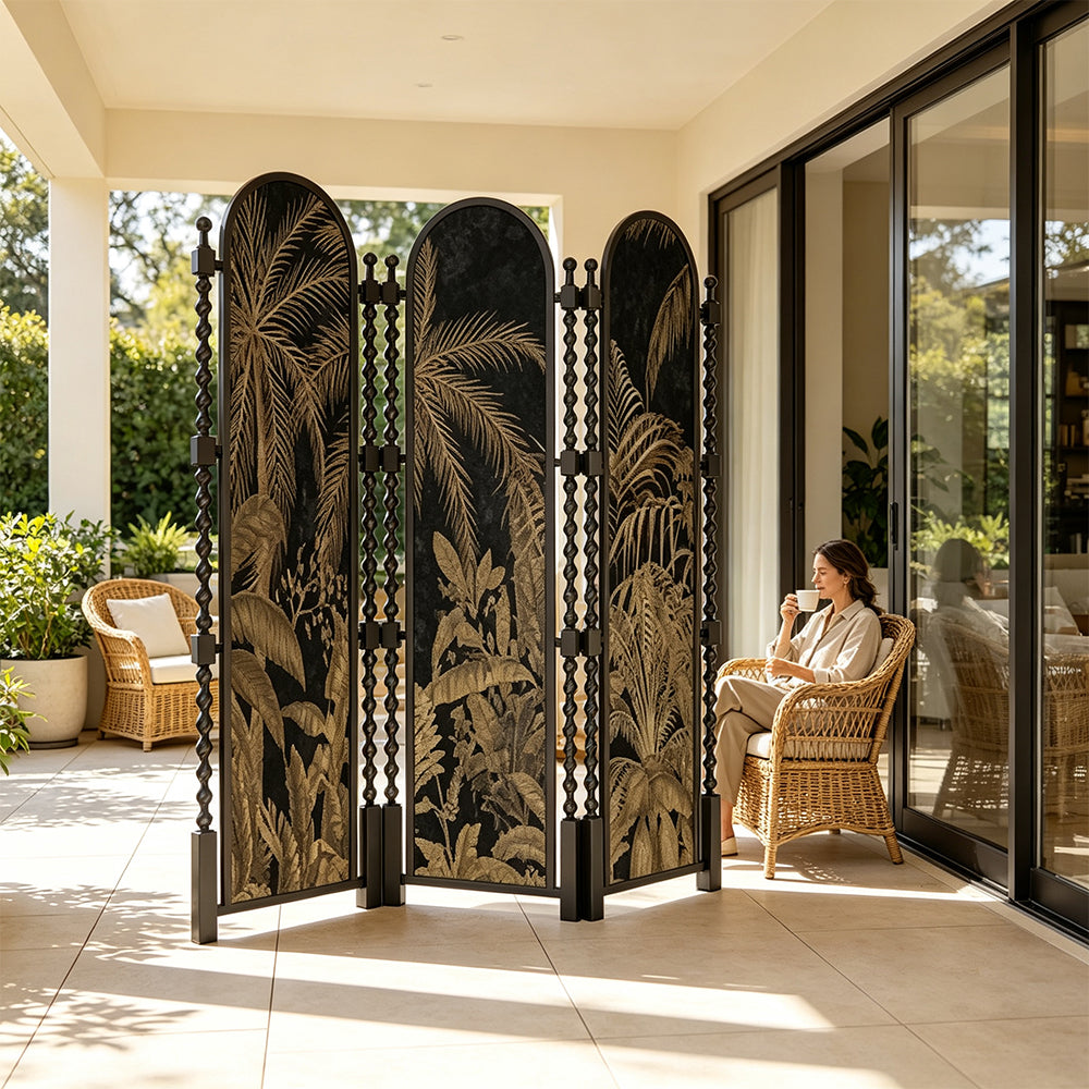 LUXORA 3 Panel Golden Walnut Wood Folding Room Divider with Arched Tropical Botanical Print for Living Room Bedroom - Walnut & Black