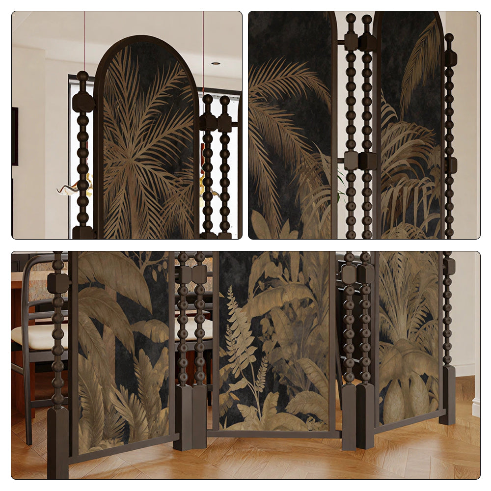 LUXORA 3 Panel Golden Walnut Wood Folding Room Divider with Arched Tropical Botanical Print for Living Room Bedroom - Walnut & Black