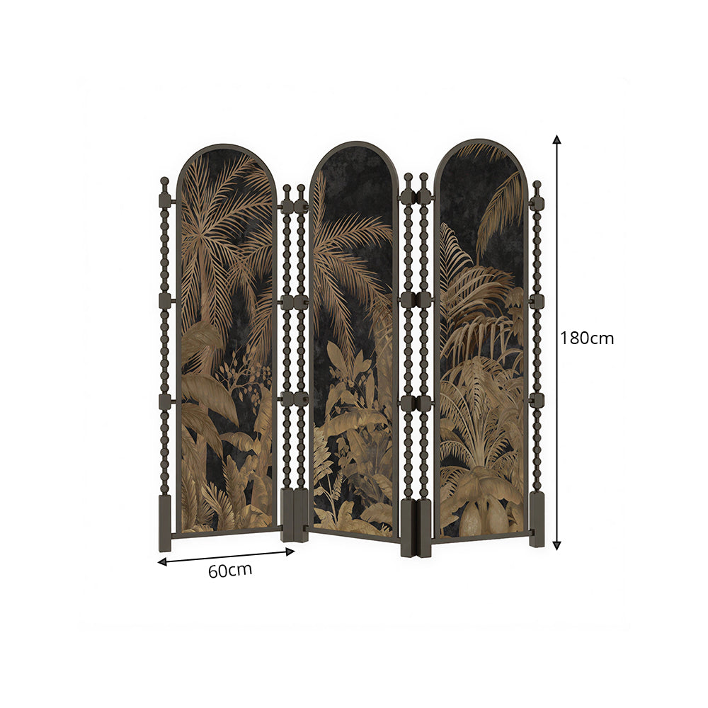 LUXORA 3 Panel Golden Walnut Wood Folding Room Divider with Arched Tropical Botanical Print for Living Room Bedroom - Walnut & Black
