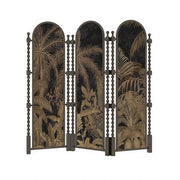 LUXORA 3 Panel Golden Walnut Wood Folding Room Divider with Arched Tropical Botanical Print for Living Room Bedroom - Walnut & Black