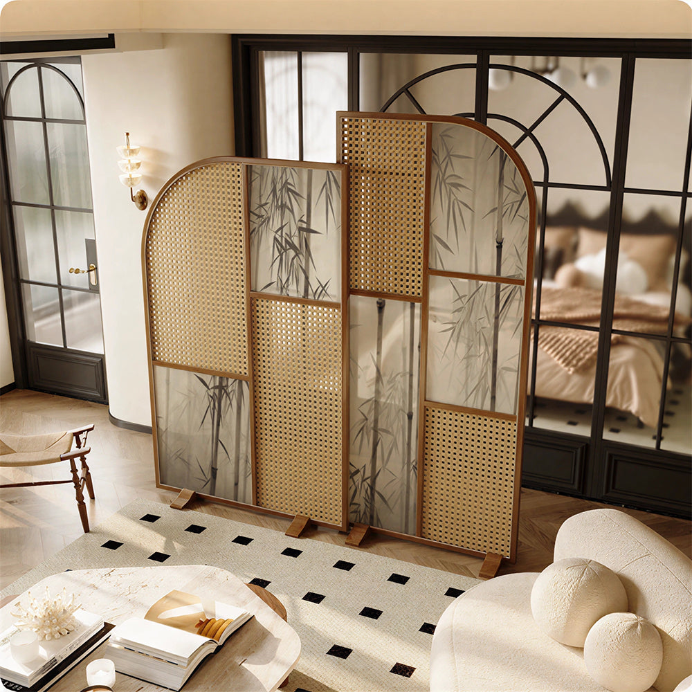 LUXORA Folding Room Divider with Arched Rattan & Bamboo Print for Living Room Bedroom - Walnut & Natural