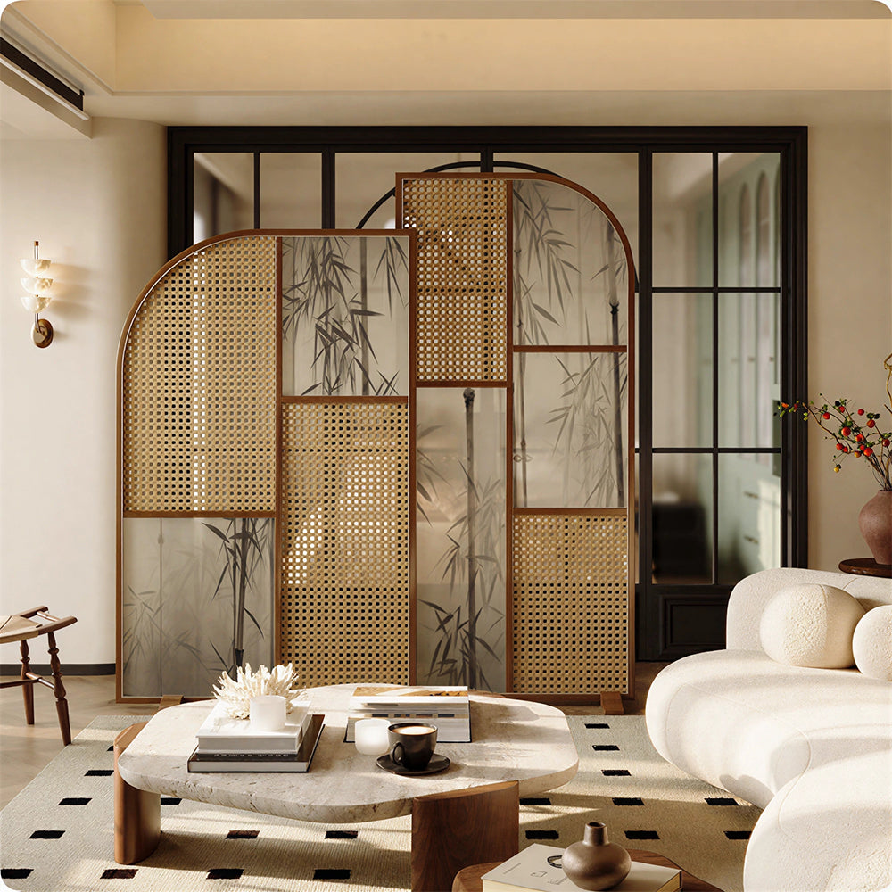 LUXORA Folding Room Divider with Arched Rattan & Bamboo Print for Living Room Bedroom - Walnut & Natural