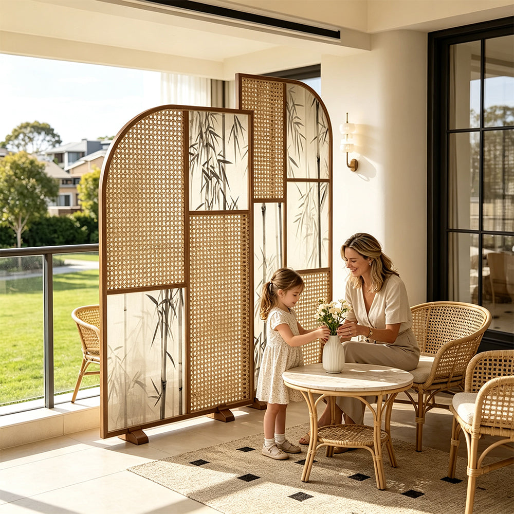 LUXORA Folding Room Divider with Arched Rattan & Bamboo Print for Living Room Bedroom - Walnut & Natural