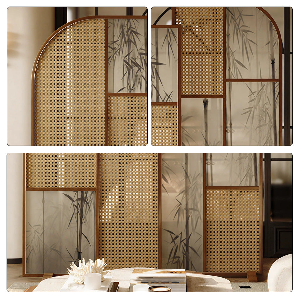 LUXORA Folding Room Divider with Arched Rattan & Bamboo Print for Living Room Bedroom - Walnut & Natural