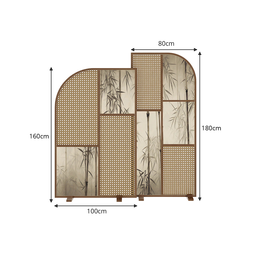 LUXORA Folding Room Divider with Arched Rattan & Bamboo Print for Living Room Bedroom - Walnut & Natural