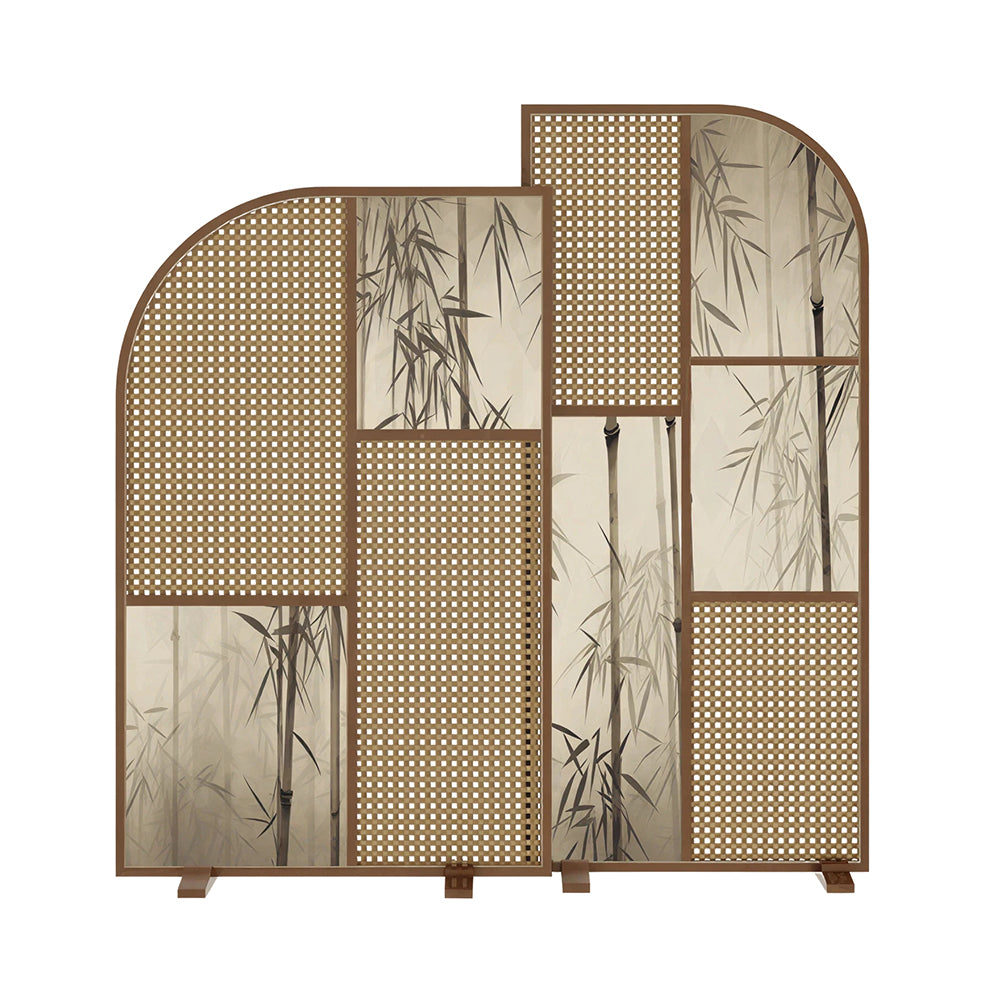 LUXORA Folding Room Divider with Arched Rattan & Bamboo Print for Living Room Bedroom - Walnut & Natural
