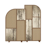 LUXORA Folding Room Divider with Arched Rattan & Bamboo Print for Living Room Bedroom - Walnut & Natural