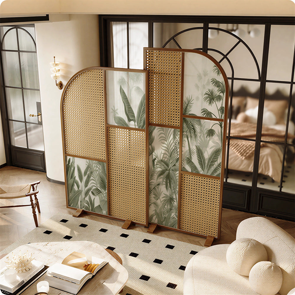 LUXORA Folding Room Divider with Arched Rattan & Bamboo Print for Living Room Bedroom - Walnut & Green
