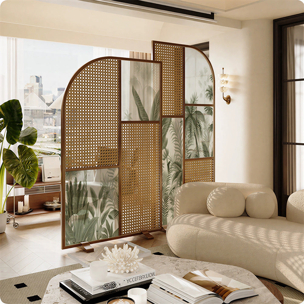 LUXORA Folding Room Divider with Arched Rattan & Bamboo Print for Living Room Bedroom - Walnut & Green