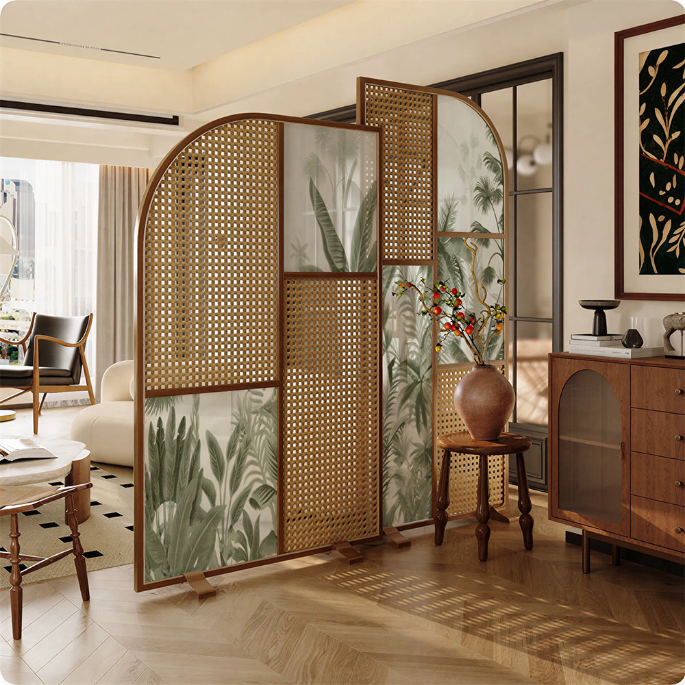 LUXORA Folding Room Divider with Arched Rattan & Bamboo Print for Living Room Bedroom - Walnut & Green