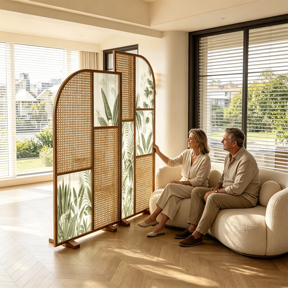 LUXORA Folding Room Divider with Arched Rattan & Bamboo Print for Living Room Bedroom - Walnut & Green