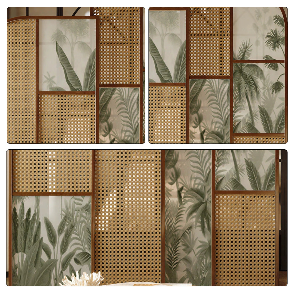 LUXORA Folding Room Divider with Arched Rattan & Bamboo Print for Living Room Bedroom - Walnut & Green