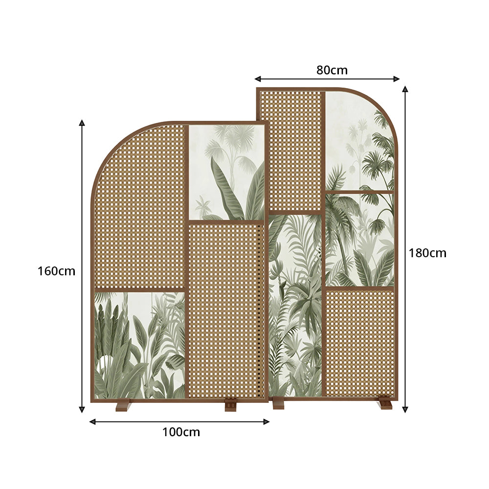 LUXORA Folding Room Divider with Arched Rattan & Bamboo Print for Living Room Bedroom - Walnut & Green