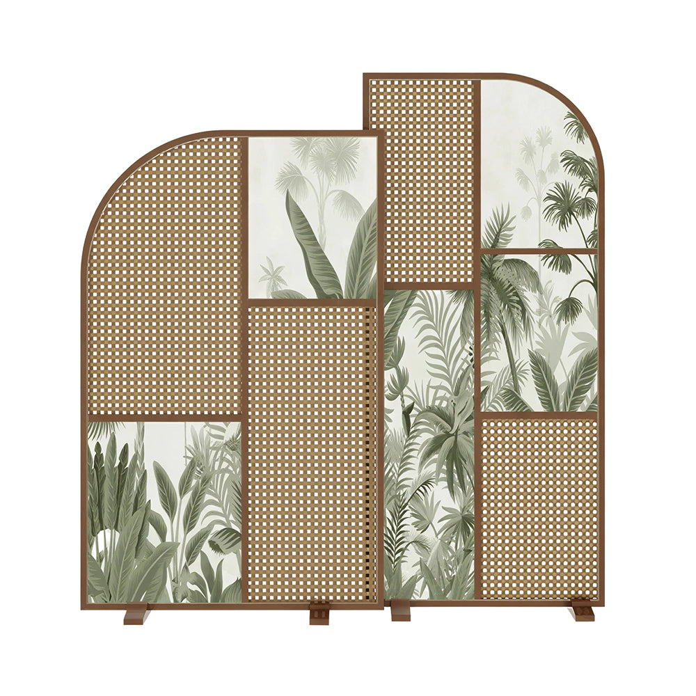 LUXORA Folding Room Divider with Arched Rattan & Bamboo Print for Living Room Bedroom - Walnut & Green