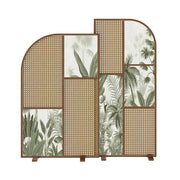LUXORA Folding Room Divider with Arched Rattan & Bamboo Print for Living Room Bedroom - Walnut & Green