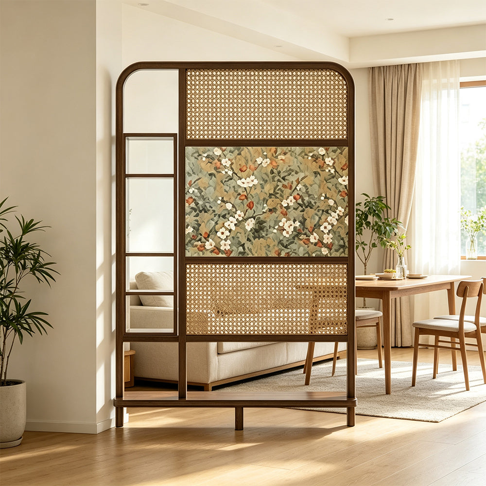 LUXORA Ash Wood Freestanding Room Divider with Rattan & Floral Panel 120 x 200cm for Living Room Bedroom - Walnut & Natural