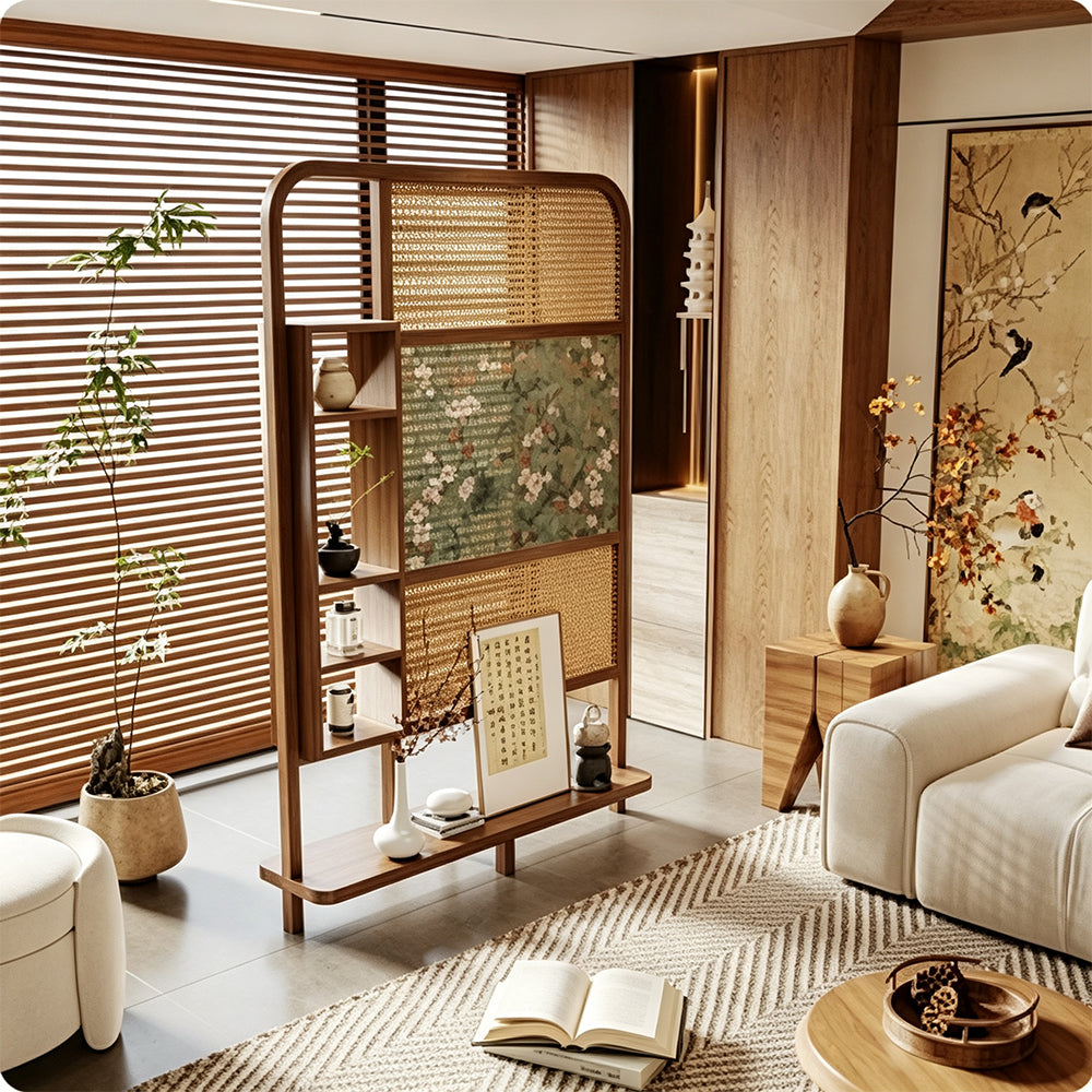 LUXORA Ash Wood Freestanding Room Divider with Rattan & Floral Panel 120 x 200cm for Living Room Bedroom - Walnut & Natural
