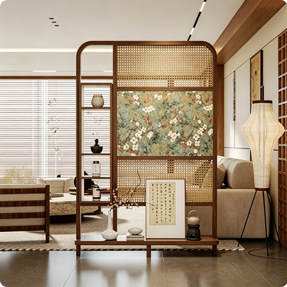 LUXORA Ash Wood Freestanding Room Divider with Rattan & Floral Panel 120 x 200cm for Living Room Bedroom - Walnut & Natural