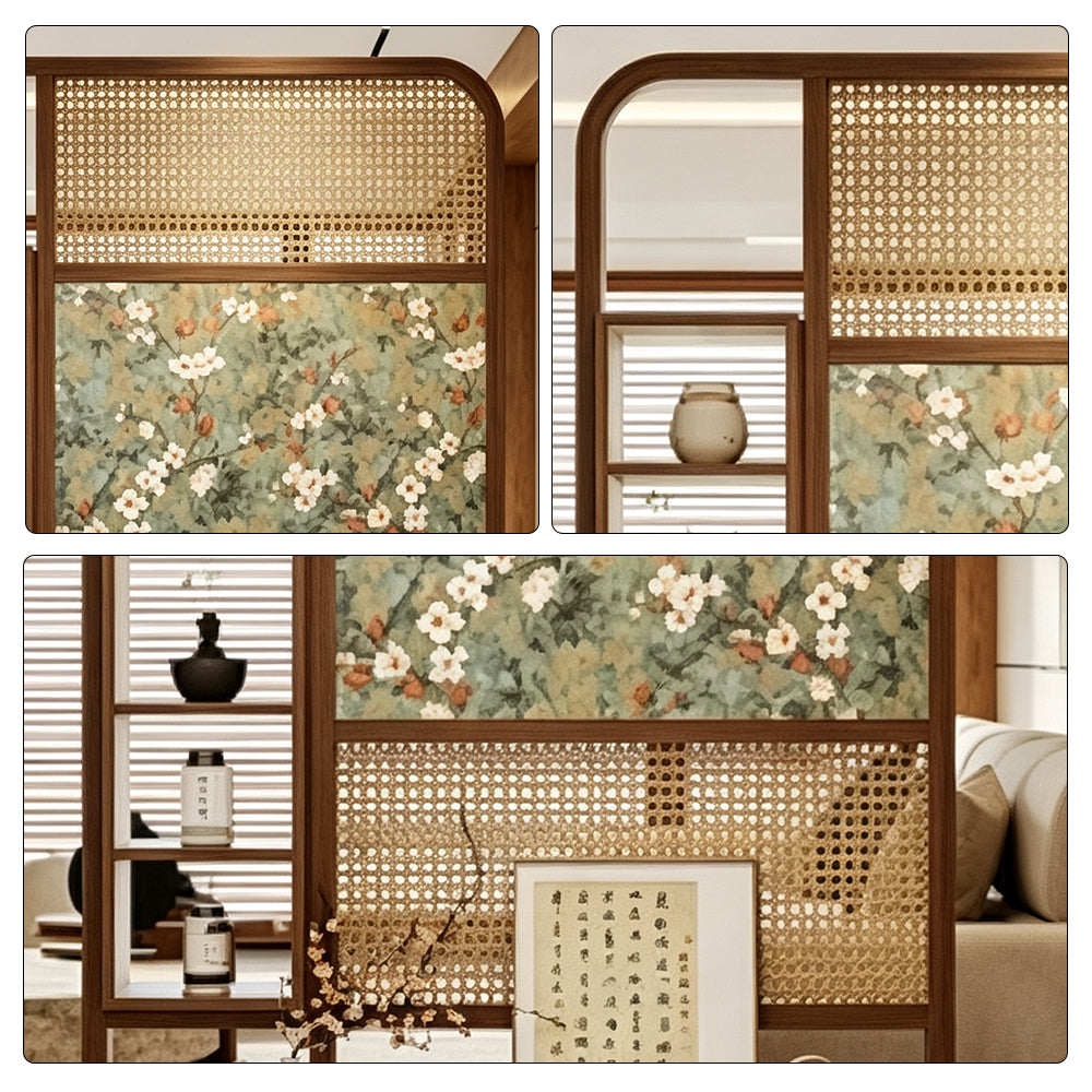 LUXORA Ash Wood Freestanding Room Divider with Rattan & Floral Panel 120 x 200cm for Living Room Bedroom - Walnut & Natural