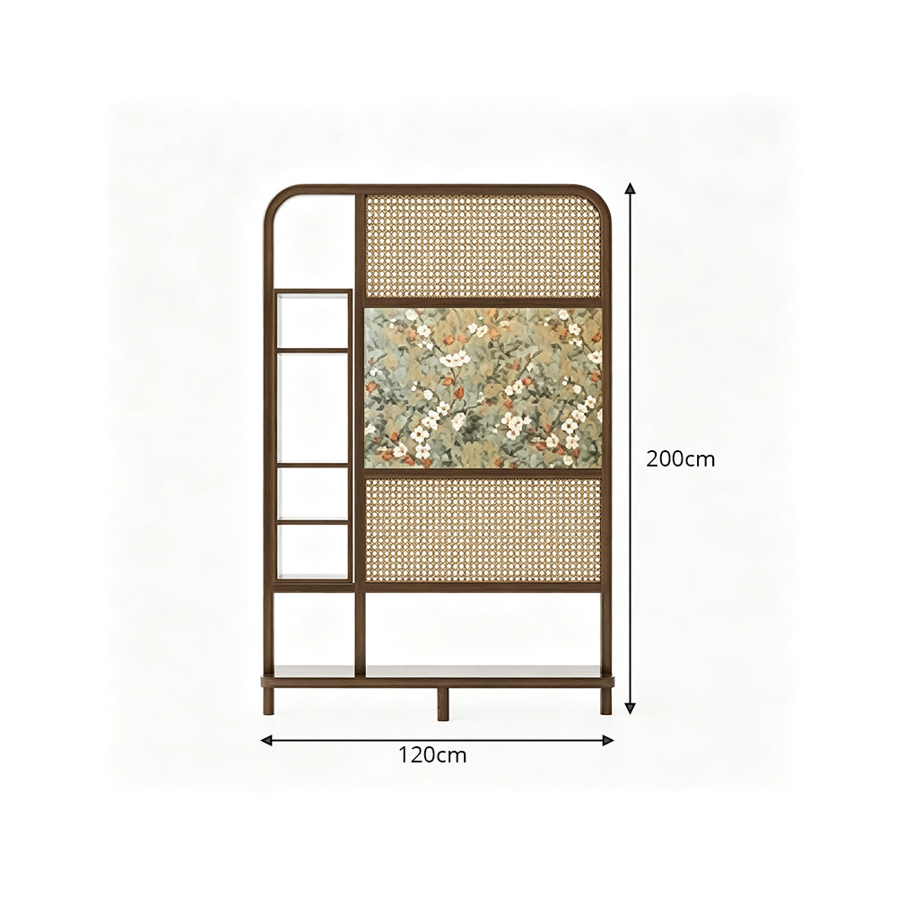LUXORA Ash Wood Freestanding Room Divider with Rattan & Floral Panel 120 x 200cm for Living Room Bedroom - Walnut & Natural