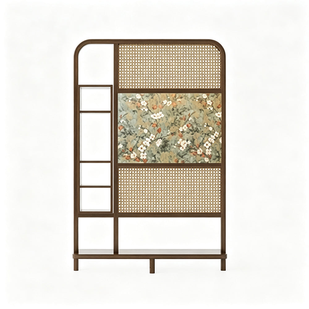 LUXORA Ash Wood Freestanding Room Divider with Rattan & Floral Panel 120 x 200cm for Living Room Bedroom - Walnut & Natural