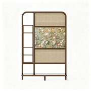 LUXORA Ash Wood Freestanding Room Divider with Rattan & Floral Panel 120 x 200cm for Living Room Bedroom - Walnut & Natural