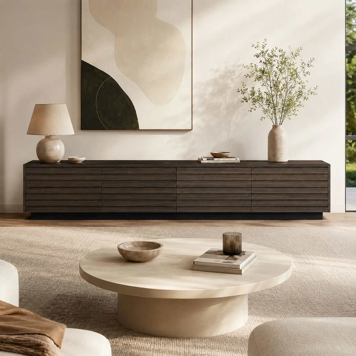 LUXORA Modern Low-Profile TV Cabinet - 180/200cm Wood-Look Entertainment Unit with Fluted Doors & Storage for Living Room - Walnut