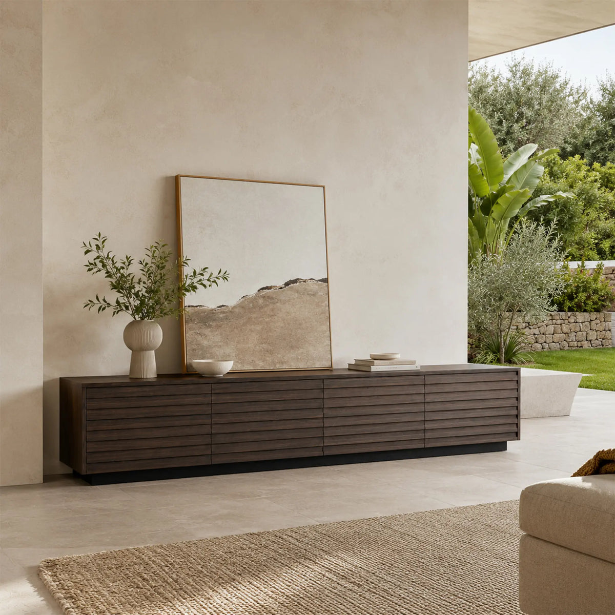 LUXORA Modern Low-Profile TV Cabinet - 180/200cm Wood-Look Entertainment Unit with Fluted Doors & Storage for Living Room - Walnut