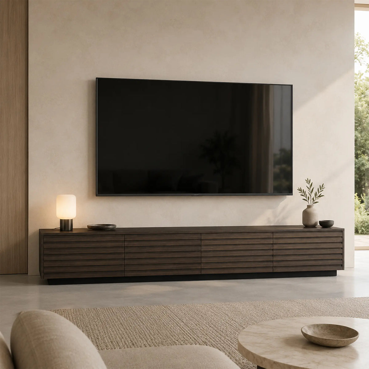 LUXORA Modern Low-Profile TV Cabinet - 180/200cm Wood-Look Entertainment Unit with Fluted Doors & Storage for Living Room - Walnut