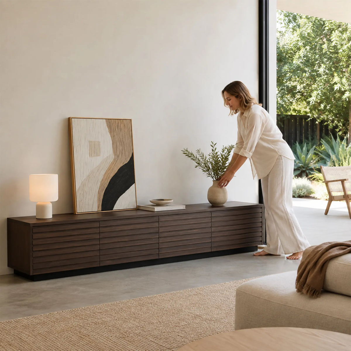 LUXORA Modern Low-Profile TV Cabinet - 180/200cm Wood-Look Entertainment Unit with Fluted Doors & Storage for Living Room - Walnut