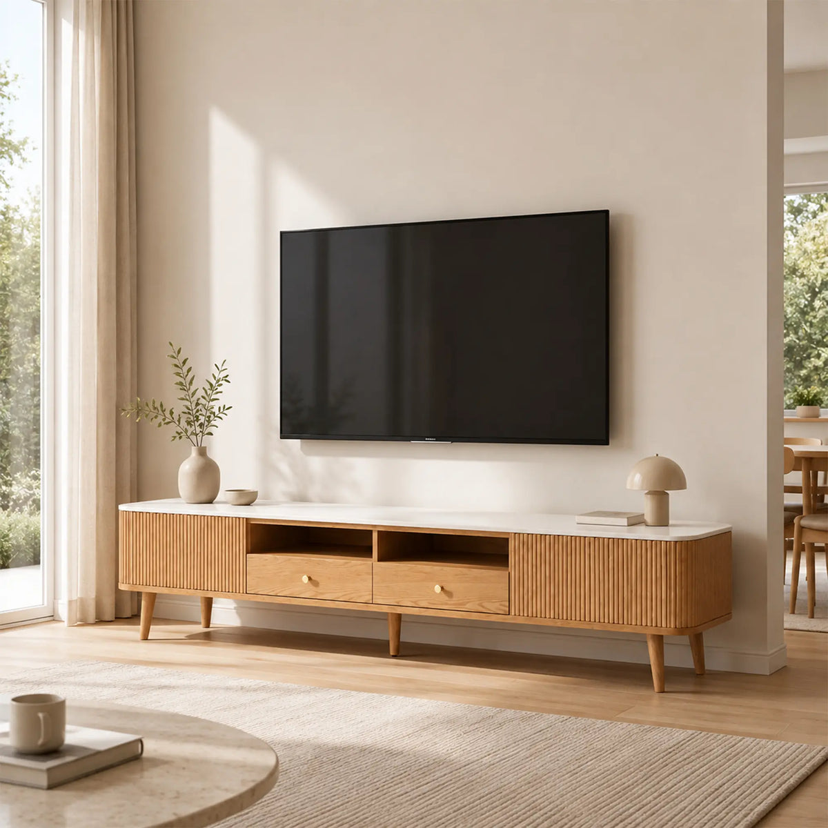 LUXORA Solid Oak TV Cabinet - 180/200cm Sintered Stone Entertainment Unit with Fluted Doors, Dual Drawers & Open Shelves - Natural Oak