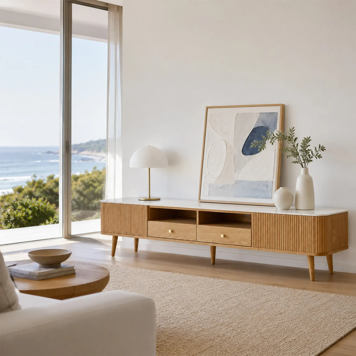 LUXORA Solid Oak TV Cabinet - 180/200cm Sintered Stone Entertainment Unit with Fluted Doors, Dual Drawers & Open Shelves - Natural Oak