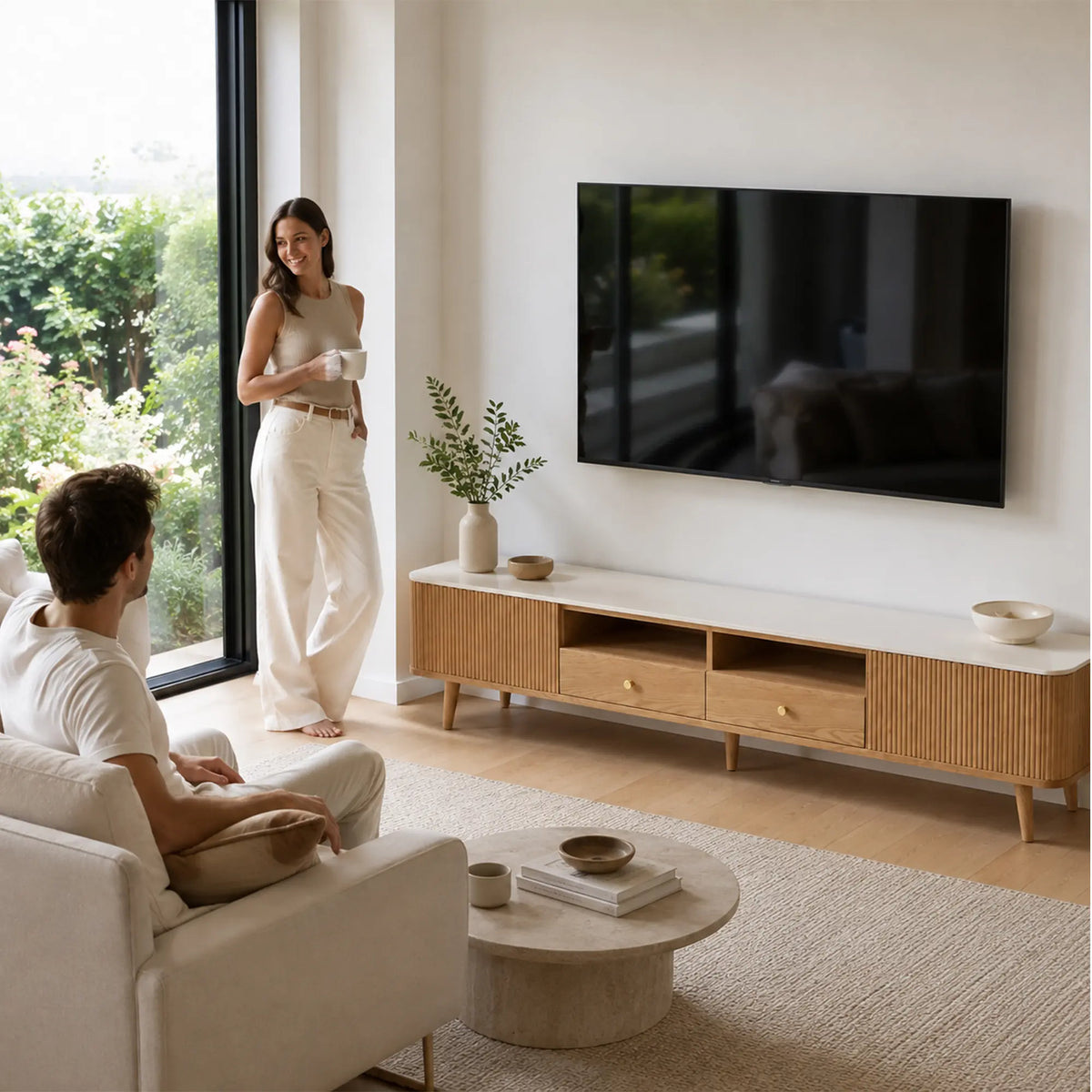 LUXORA Solid Oak TV Cabinet - 180/200cm Sintered Stone Entertainment Unit with Fluted Doors, Dual Drawers & Open Shelves - Natural Oak