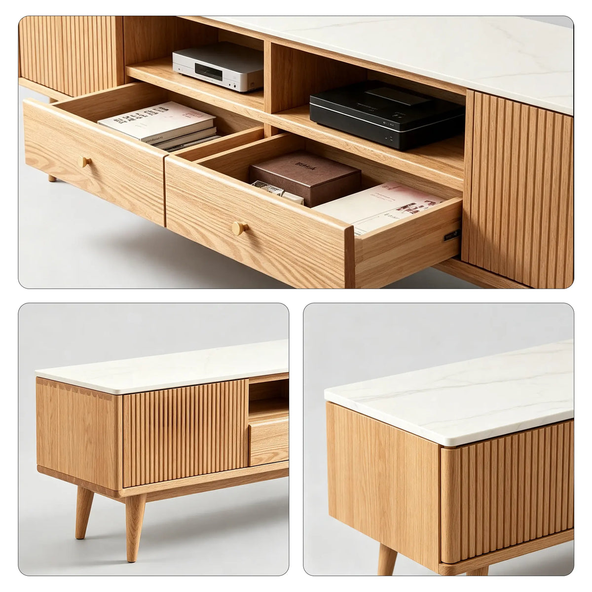 LUXORA Solid Oak TV Cabinet - 180/200cm Sintered Stone Entertainment Unit with Fluted Doors, Dual Drawers & Open Shelves - Natural Oak