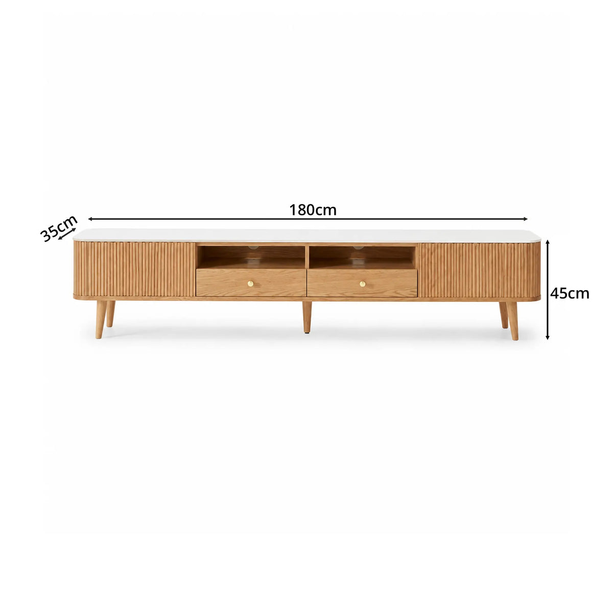 LUXORA Solid Oak TV Cabinet - 180/200cm Sintered Stone Entertainment Unit with Fluted Doors, Dual Drawers & Open Shelves - Natural Oak