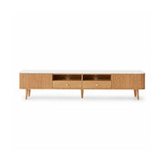 LUXORA Solid Oak TV Cabinet - 180/200cm Sintered Stone Entertainment Unit with Fluted Doors, Dual Drawers & Open Shelves - Natural Oak