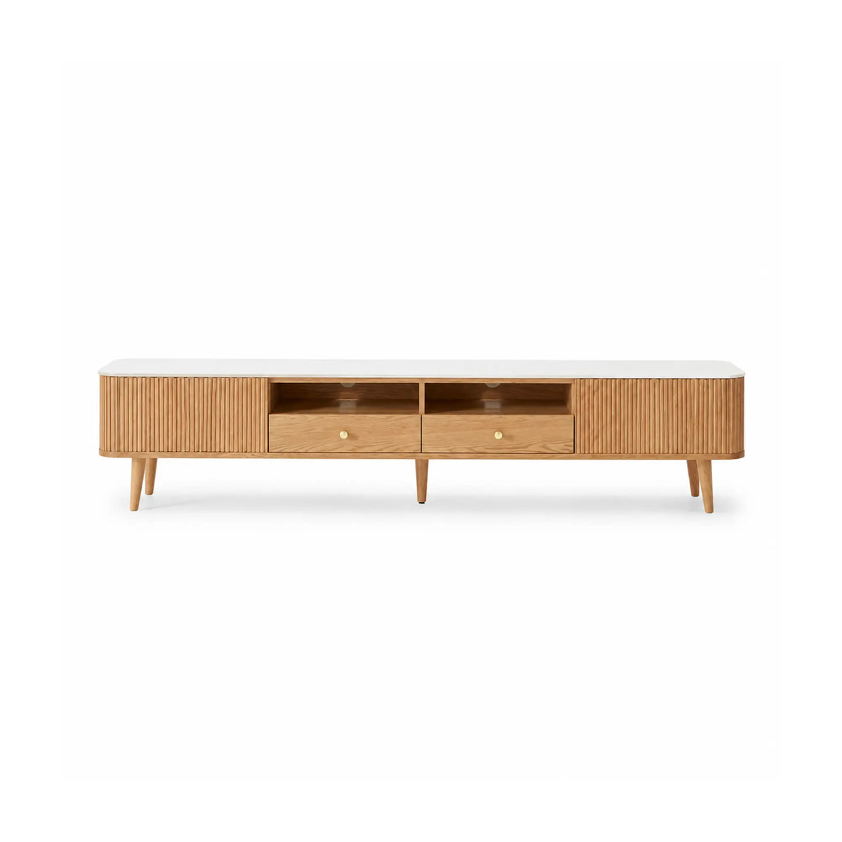 LUXORA Solid Oak TV Cabinet - 180/200cm Sintered Stone Entertainment Unit with Fluted Doors, Dual Drawers & Open Shelves - Natural Oak