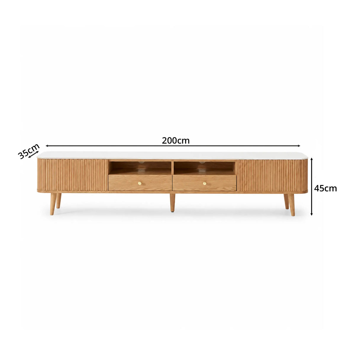 LUXORA Solid Oak TV Cabinet - 180/200cm Sintered Stone Entertainment Unit with Fluted Doors, Dual Drawers & Open Shelves - Natural Oak
